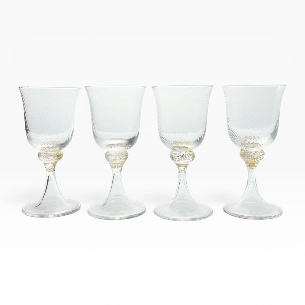 Murano Torcée 4 Wine Glasses 6” 6oz Swirl Optic Hand Blown 24k Gold Flakes Italy